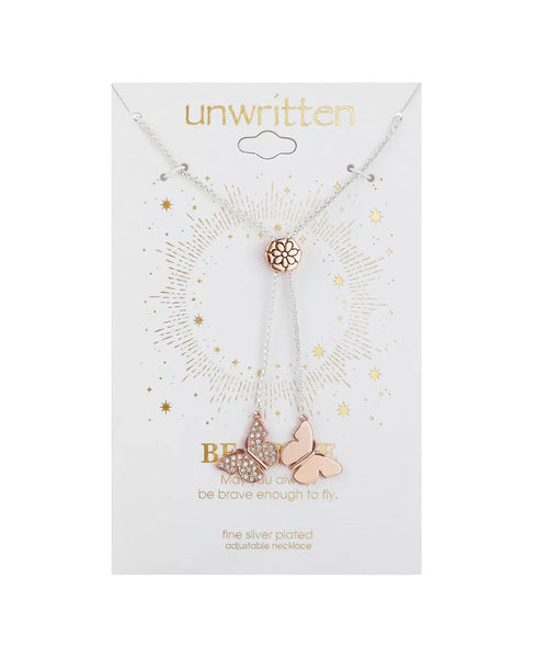 Unwritten Silver Plated Rose Gold Two-Tone Butterfly Adjustable Bolo Necklace OS